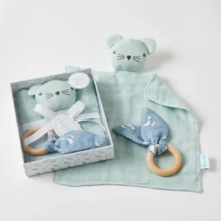Pilbeam - Double Muslin Comforter & Teething Ring Misty Blue